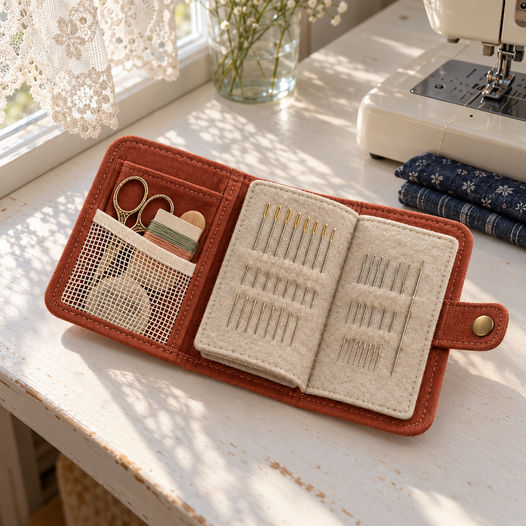 Terracotta Linen Sewing Needle Organizer Book with Felt Pages, Mesh Pocket & Snap Closure