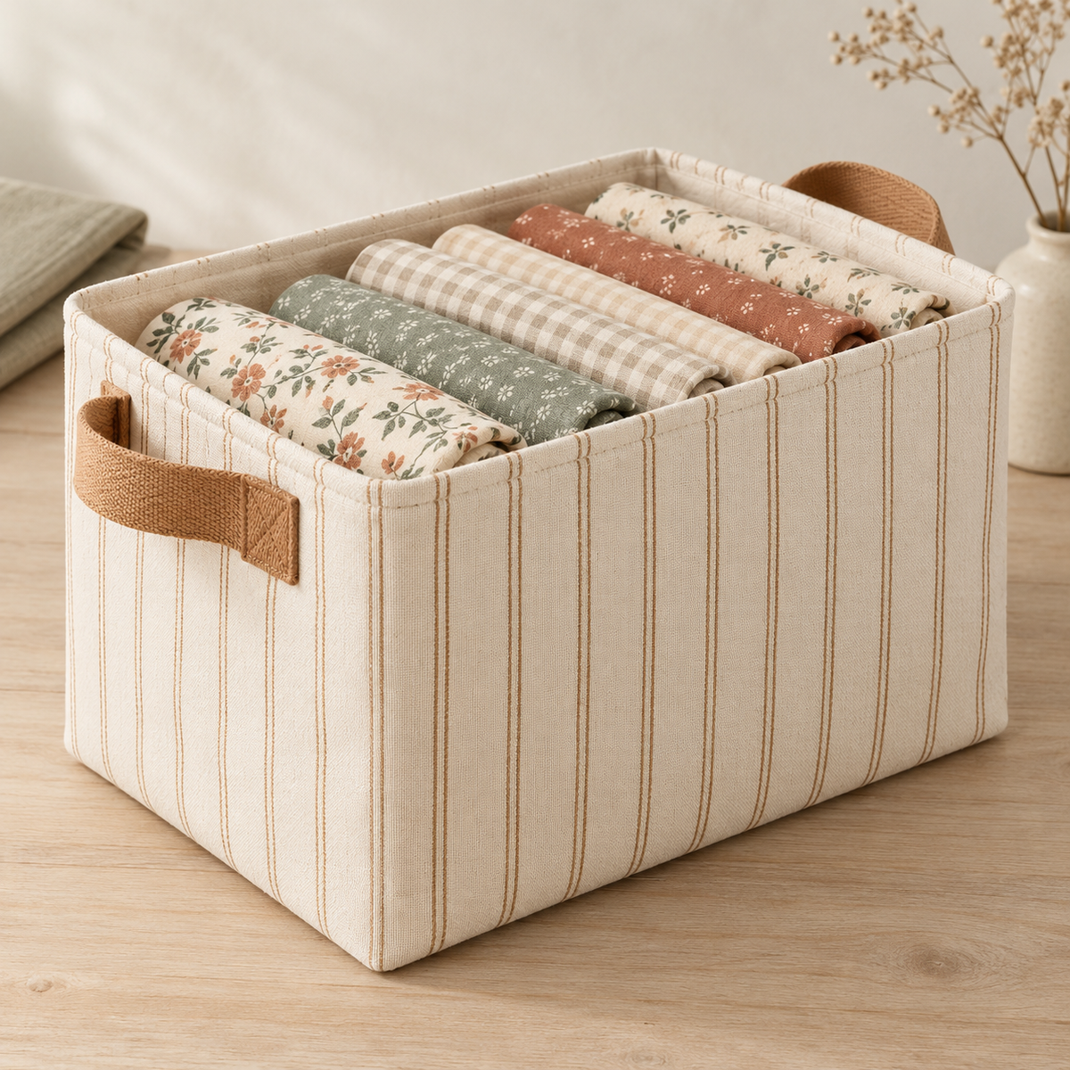 Cream Striped Fabric Storage Basket with Carry Handles for Quilting & Craft Supplies