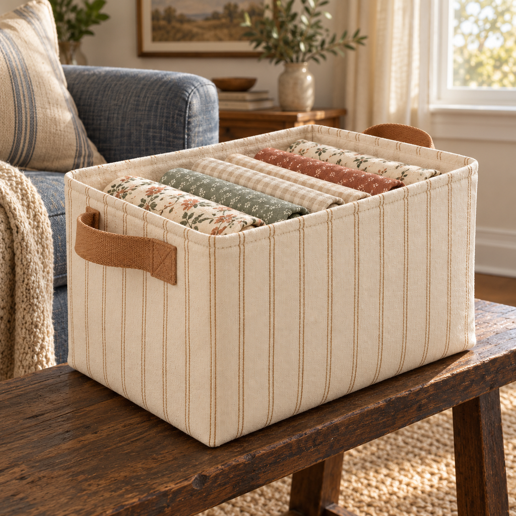 Cream Striped Fabric Storage Basket with Carry Handles for Quilting & Craft Supplies