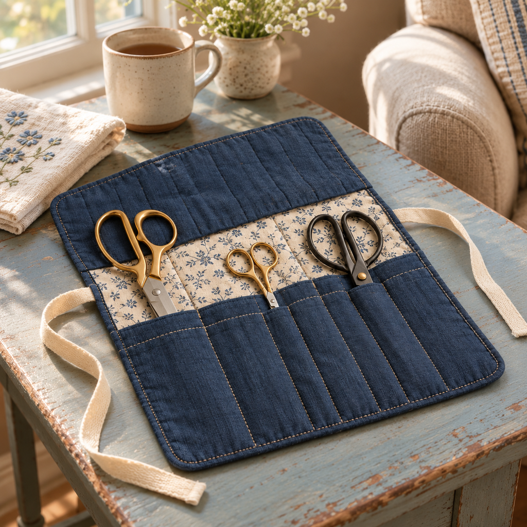 Indigo Quilted Scissors Organizer Roll with Floral Lining & Cotton Tie Closure