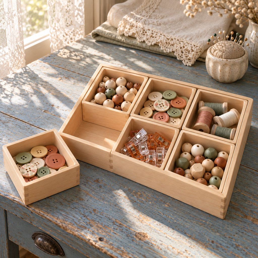 Maple Wood Craft Organizer Tray with Six Removable Compartments for Sewing & Craft Supplies