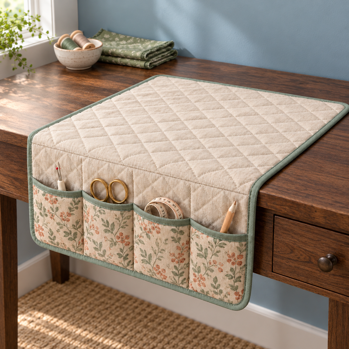 Oatmeal Quilted Sewing Machine Organizer Mat with Four Floral Storage Pockets & Sage Green Trim