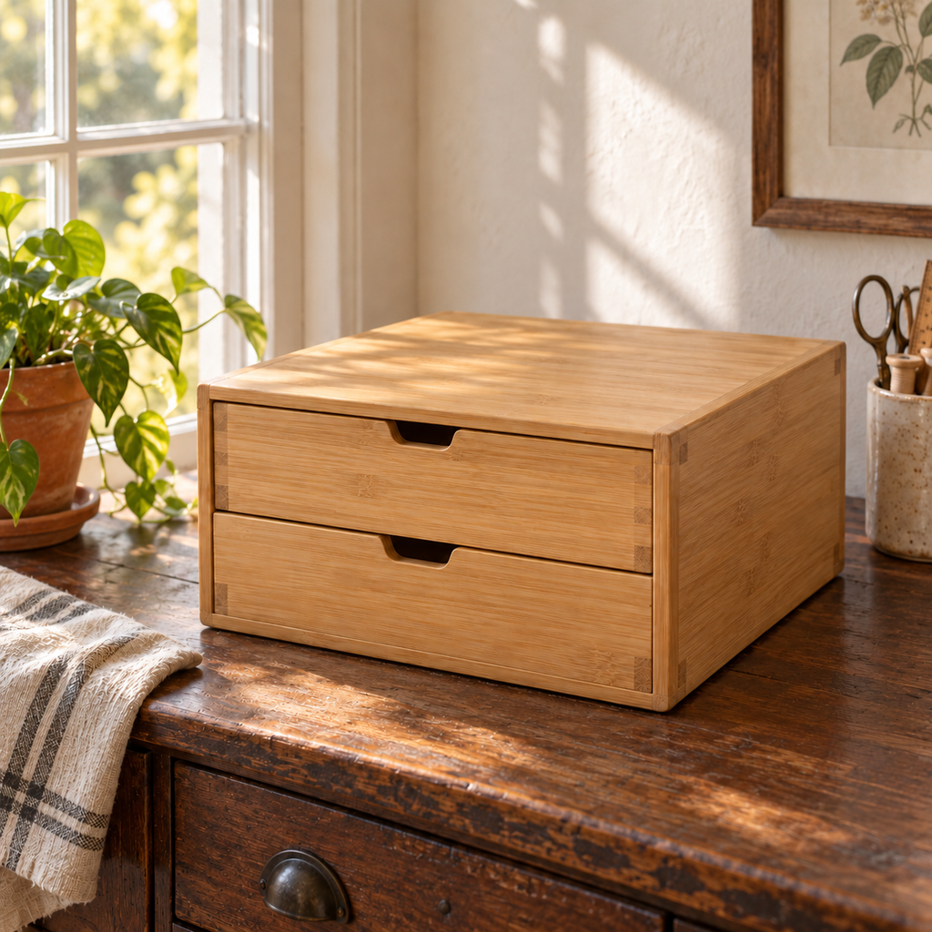 Bamboo Sewing Thread Storage Cabinet with Two Drawers & Divided Spool Organizer