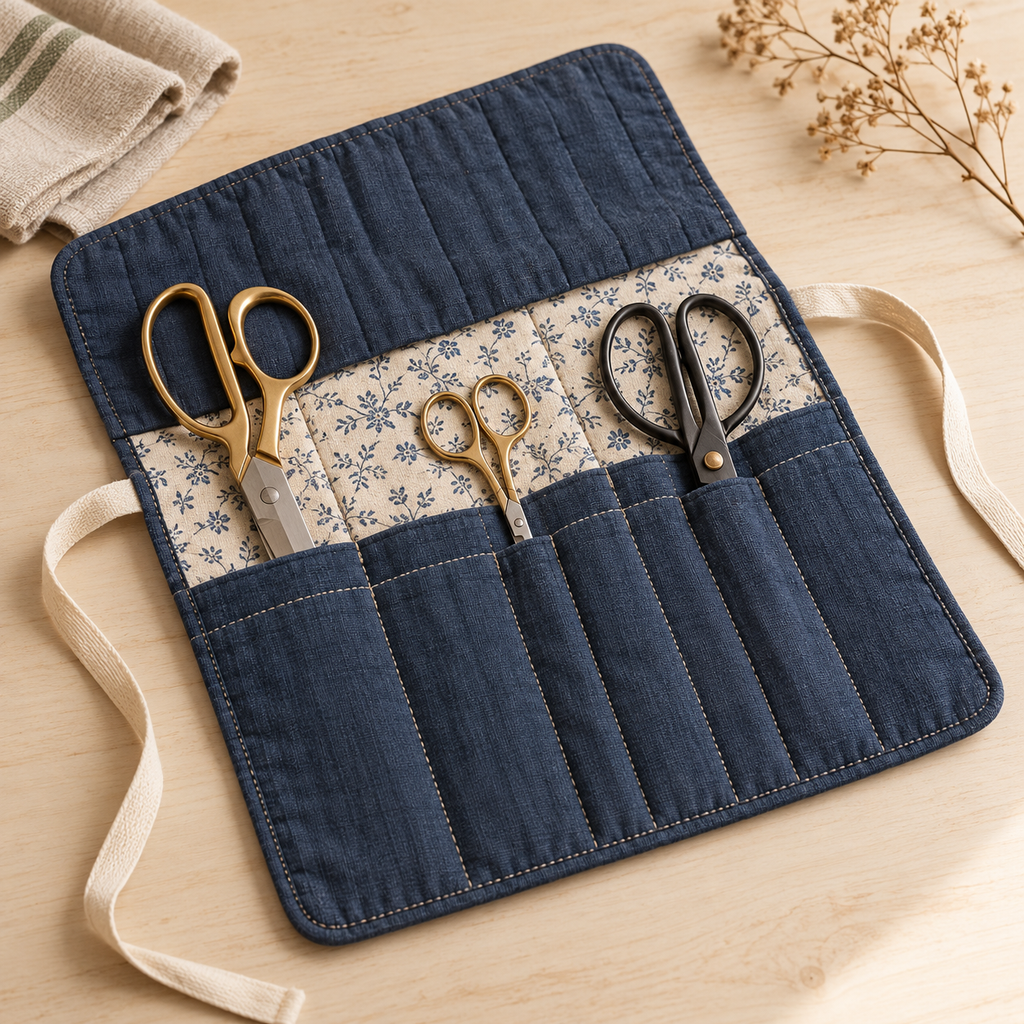 Indigo Quilted Scissors Organizer Roll with Floral Lining & Cotton Tie Closure