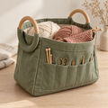 Sage Green Canvas Knitting Project Bag with Wooden Ring Handles & Tool Organizer Pockets