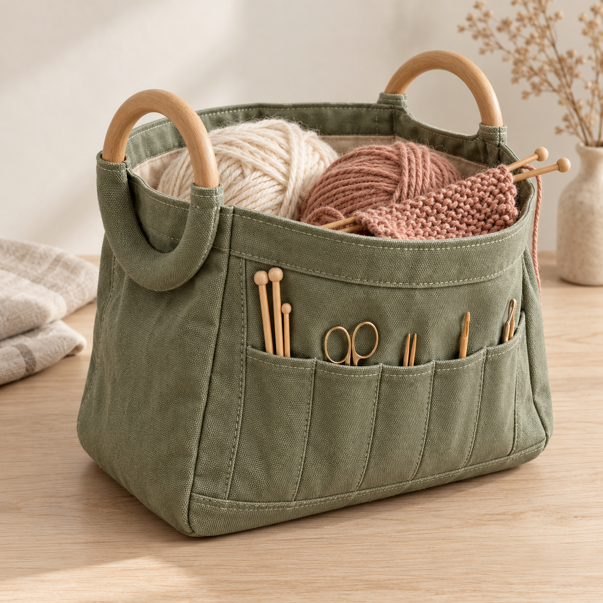 Sage Green Canvas Knitting Project Bag with Wooden Ring Handles & Tool Organizer Pockets