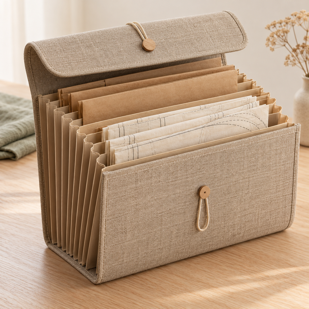 Warm Sand Accordion Sewing Pattern Organizer with Fabric Cover & Elastic Button Closure